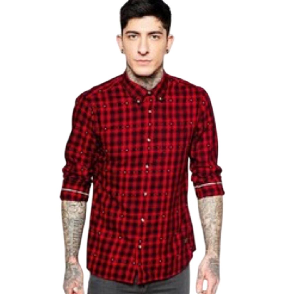SCOTCH & SODA Men’s Red Checked Plaid Red & Black Long Sleeve Flannel